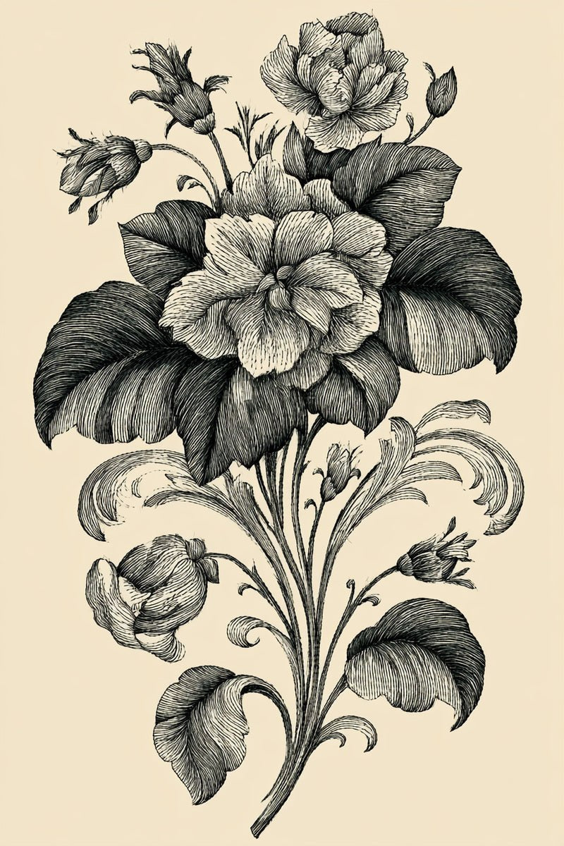 Original book drawing of curled foliage flower centerpiece.
