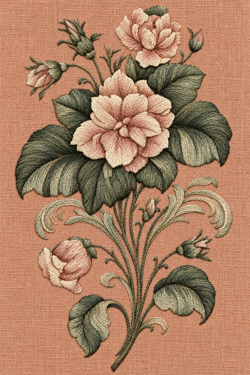 Digital embroidery visualization: ivory and antique blush flowers with curled moss-green foliage on terracotta linen.