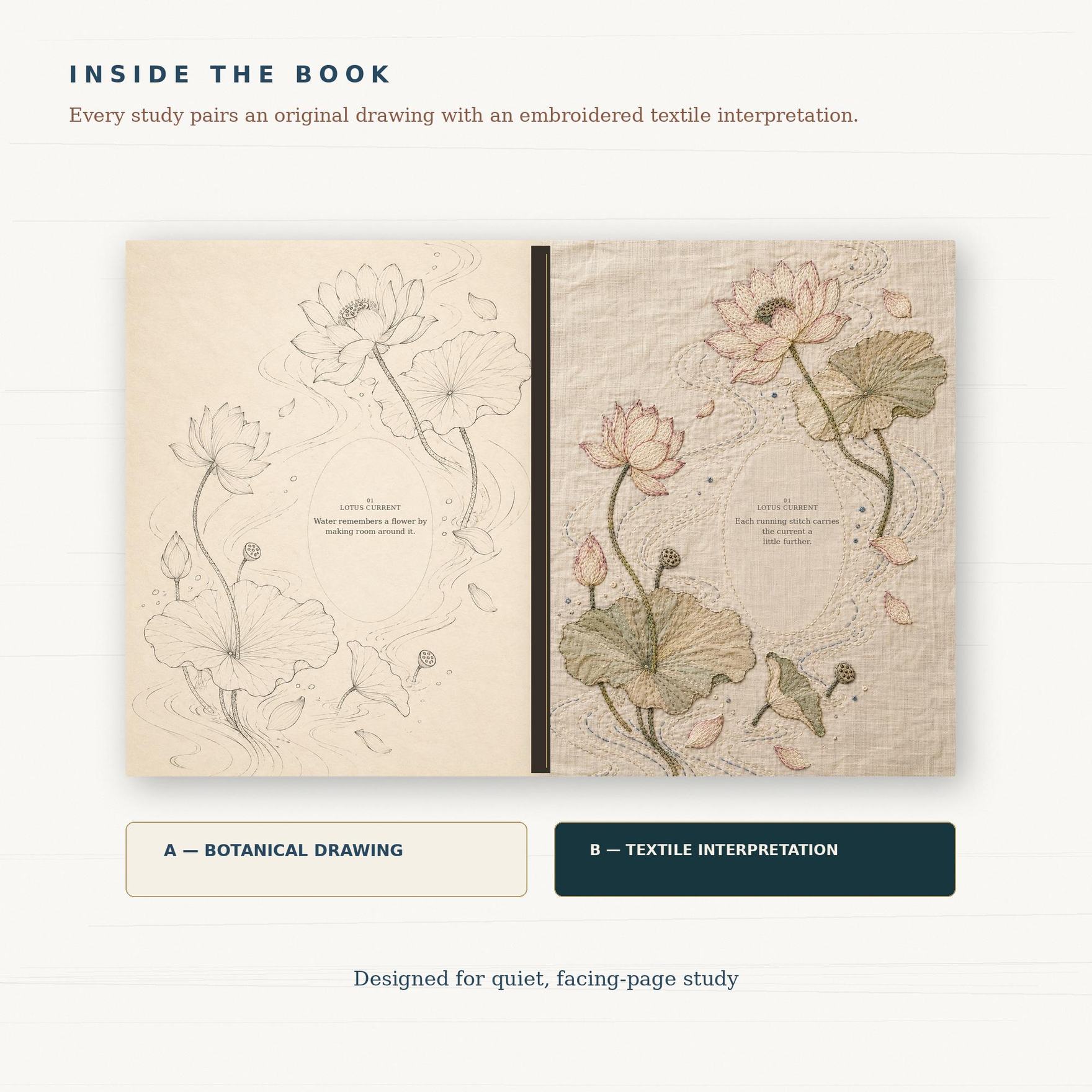 Botanical drawing and embroidered textile shown as a paired ebook spread