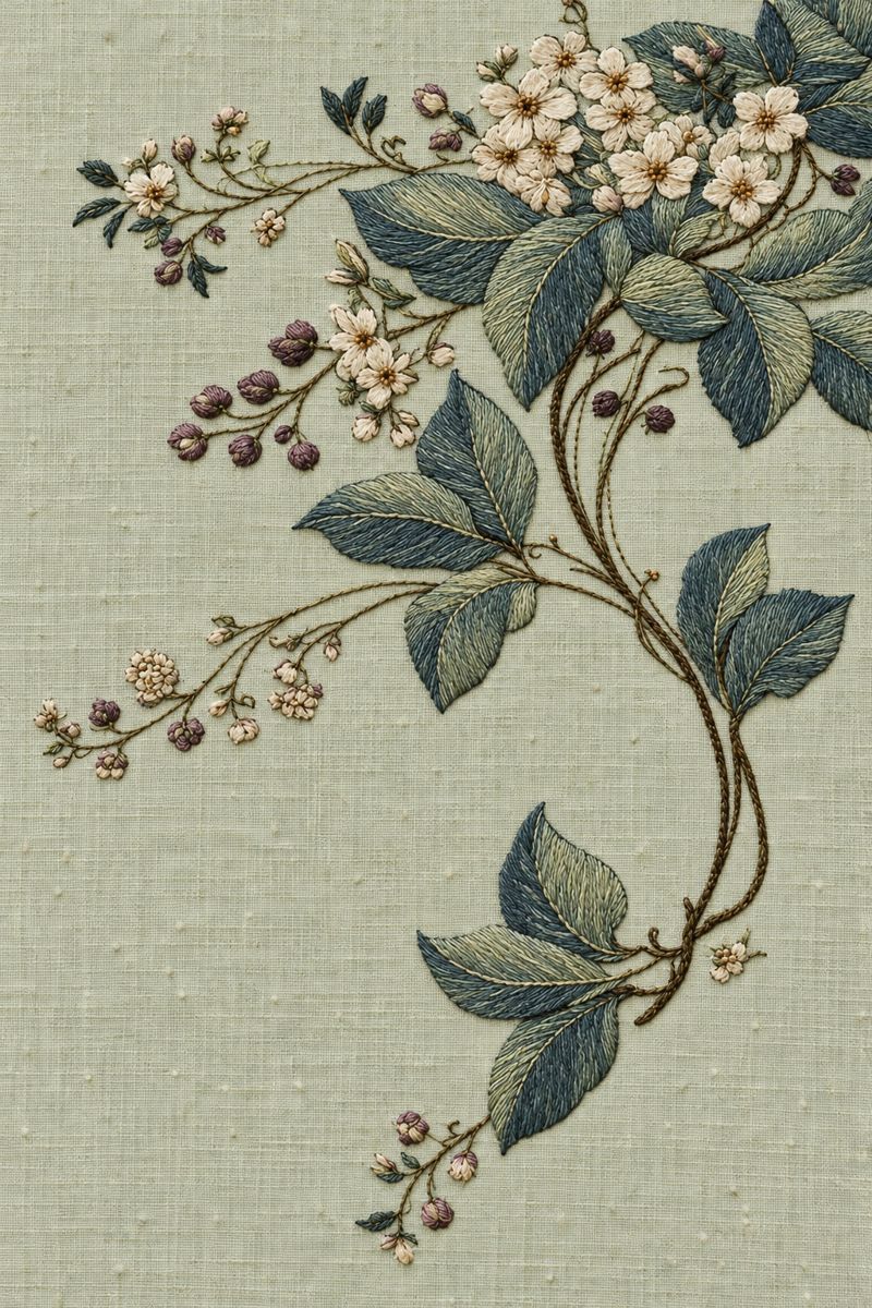 Digital embroidery visualization: botanical corner embroidered with teal leaves, ivory flowers and dusty aubergine buds on pale sage linen.