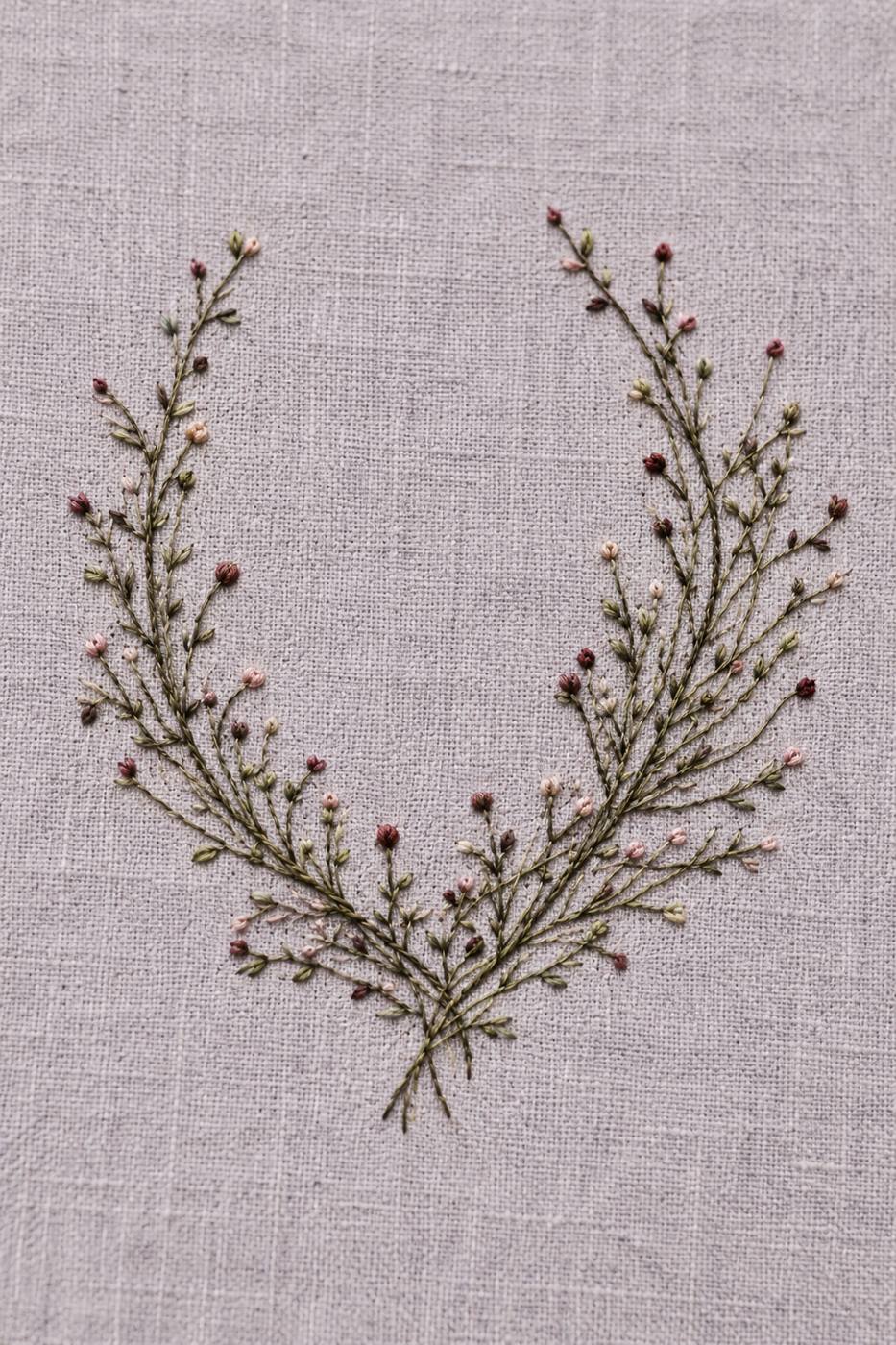 Digital embroidery visualization: delicate open botanical wreath in olive cotton with burgundy and pink buds on pale lavender grey linen.