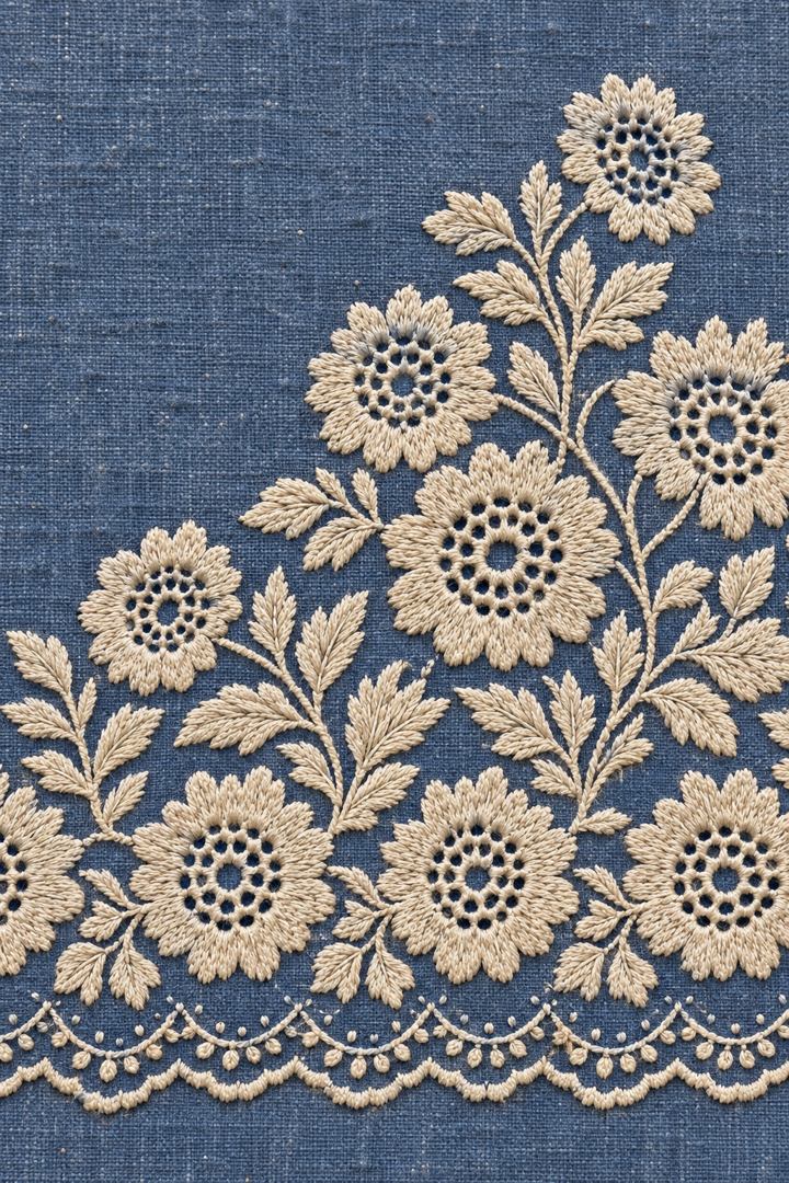 Digital embroidery visualization: ivory cotton broderie flowers with eyelet centers and a scalloped border on dusty indigo linen.