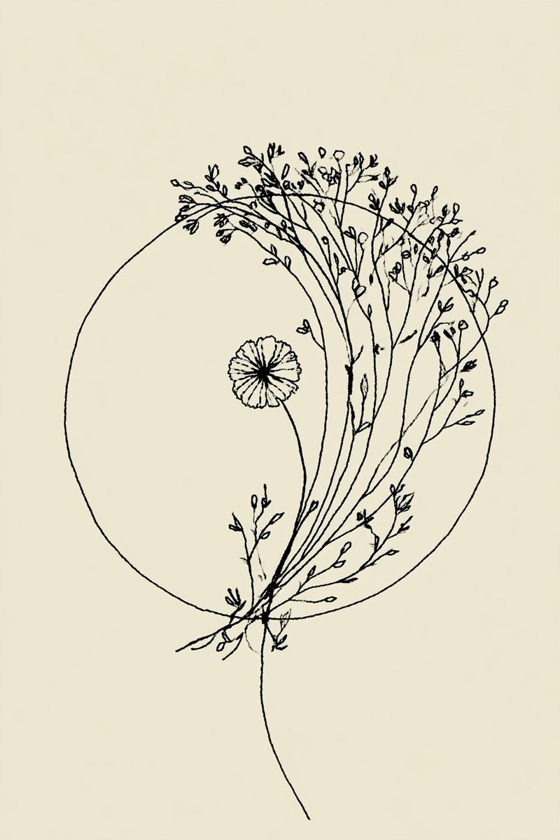 Circular frame drawing with fine wildflower stems.