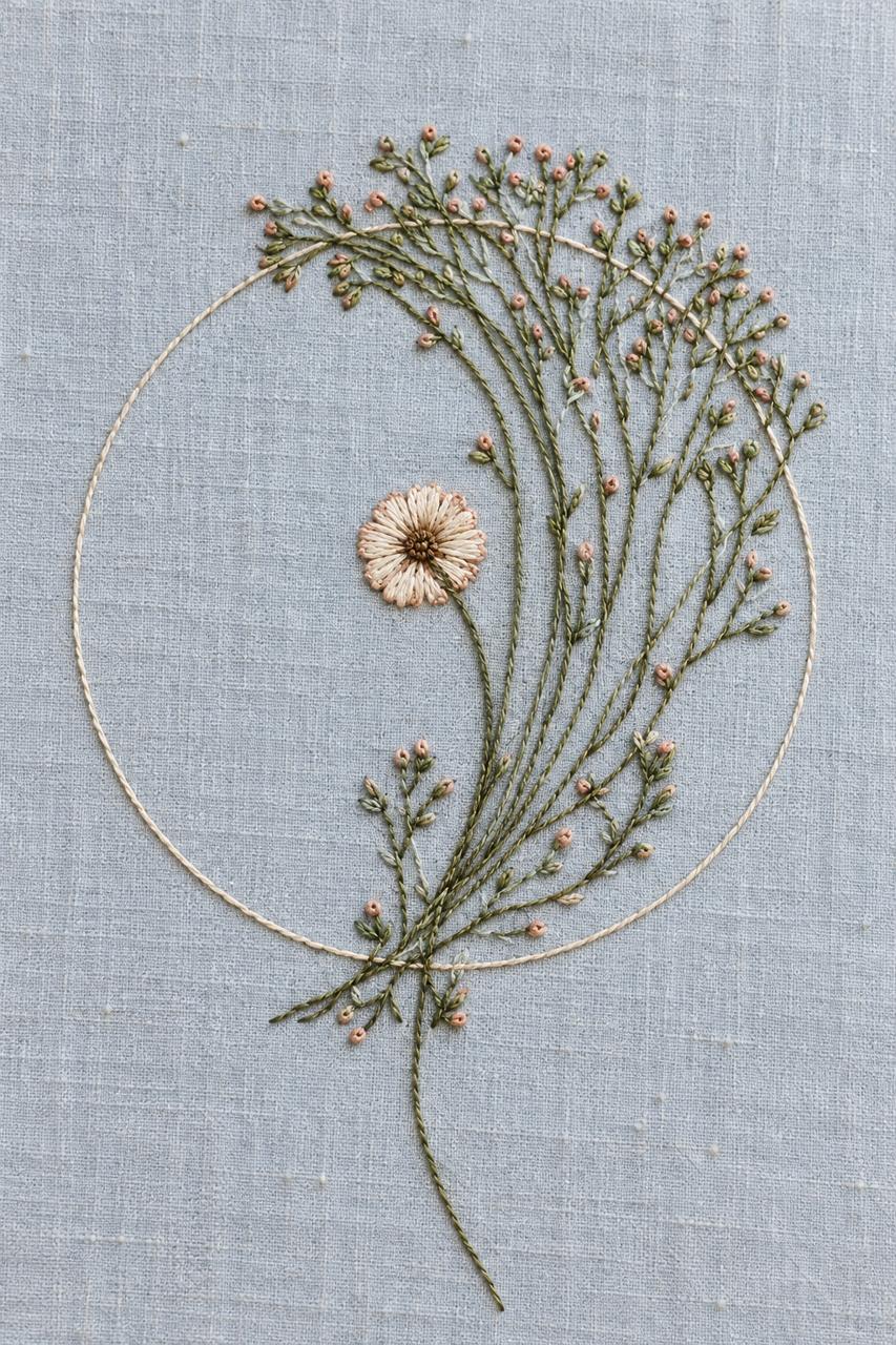 Digital embroidery visualization: delicate circular cotton embroidery frame with olive wildflower stems and a single cream flower on powder blue linen.