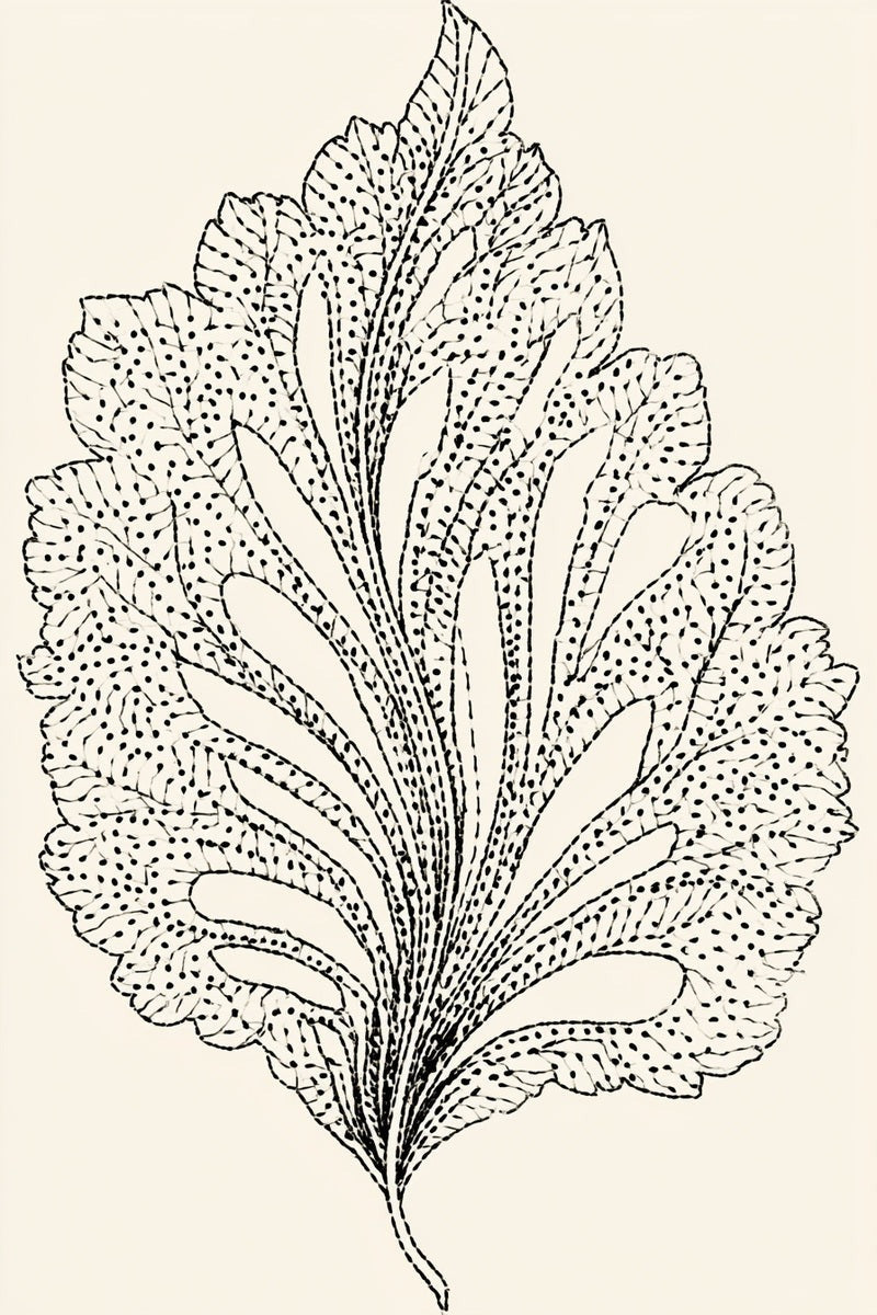 Cutwork-inspired leaf drawing with branching veins and openwork cells.