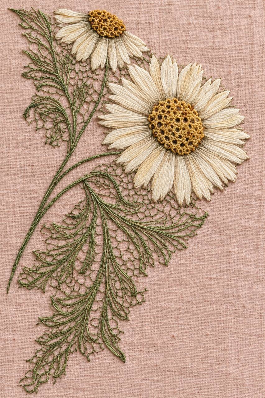 Digital embroidery visualization: two ivory daisies with golden centers and fine olive lace leaf embroidery on dusty rose linen.