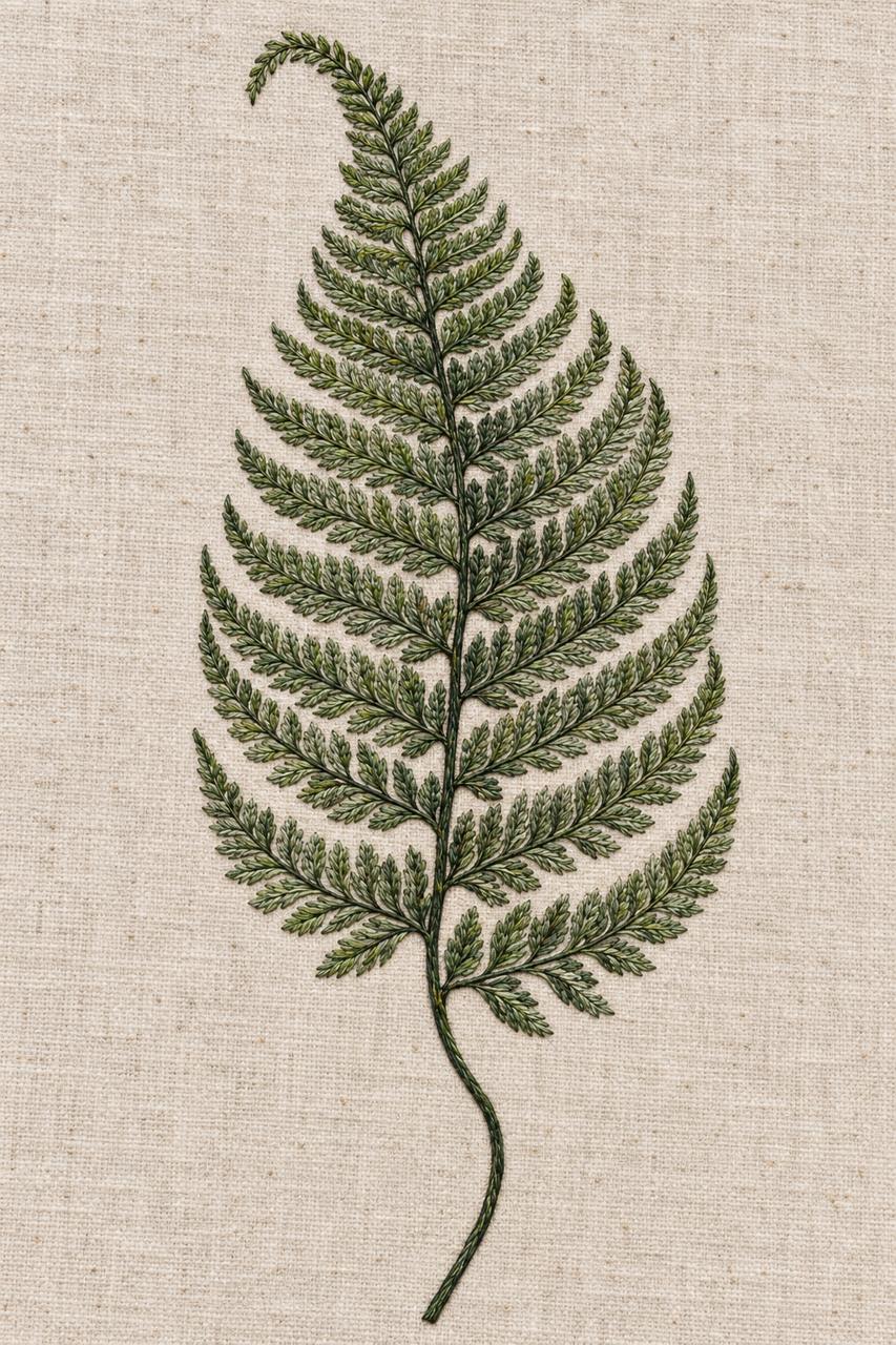 Digital embroidery visualization: fine moss and forest green cotton embroidery of a curved fern frond on natural oatmeal linen.