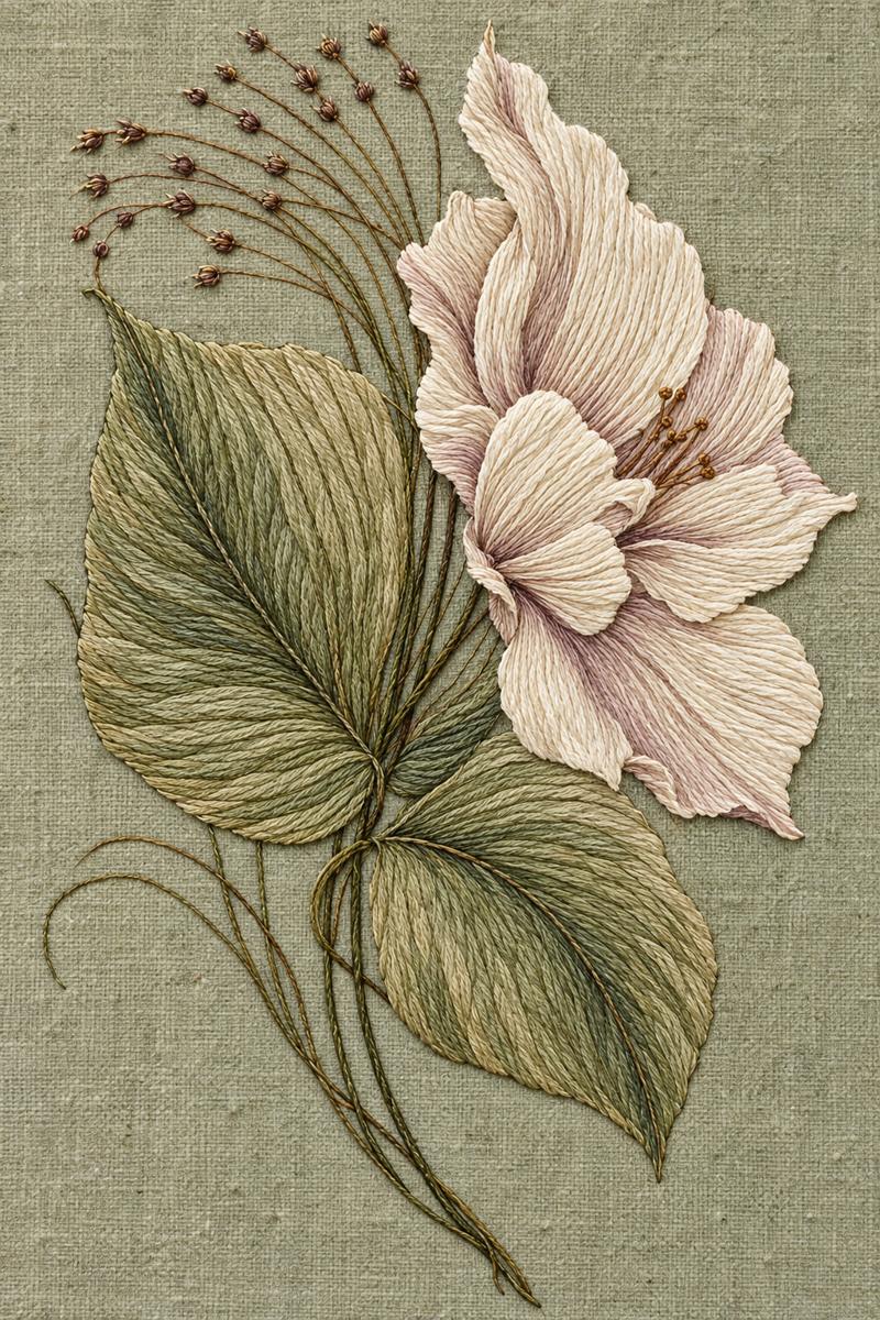 Digital embroidery visualization: fine cotton embroidery of an ivory fluted flower and olive heart-shaped leaves on muted sage linen.