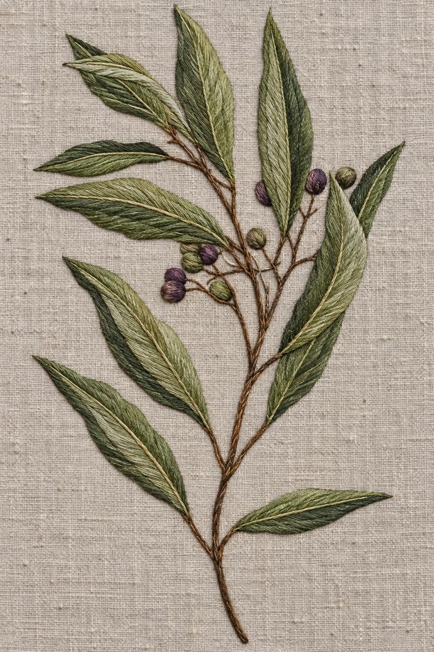 Digital embroidery visualization: fine cotton olive branch embroidery with long green leaves and aubergine and olive fruits on warm stone grey linen.