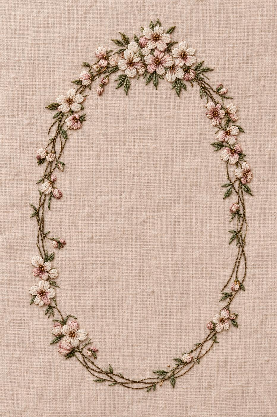 Digital embroidery visualization: oval floral frame embroidered in ivory and dusty rose cotton with olive leaves on warm blush beige linen.