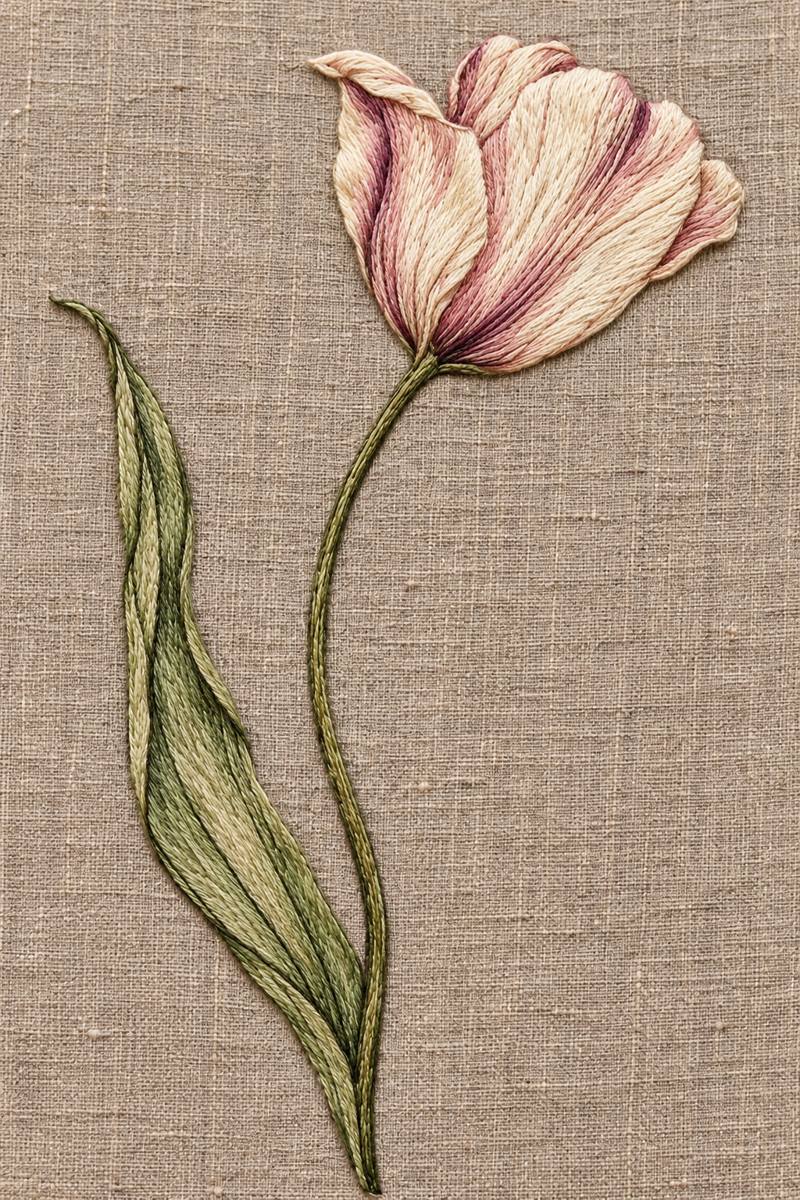 Digital embroidery visualization: cream and dusty rose cotton tulip with an olive curved stem and long sage leaf embroidered on mushroom taupe linen.
