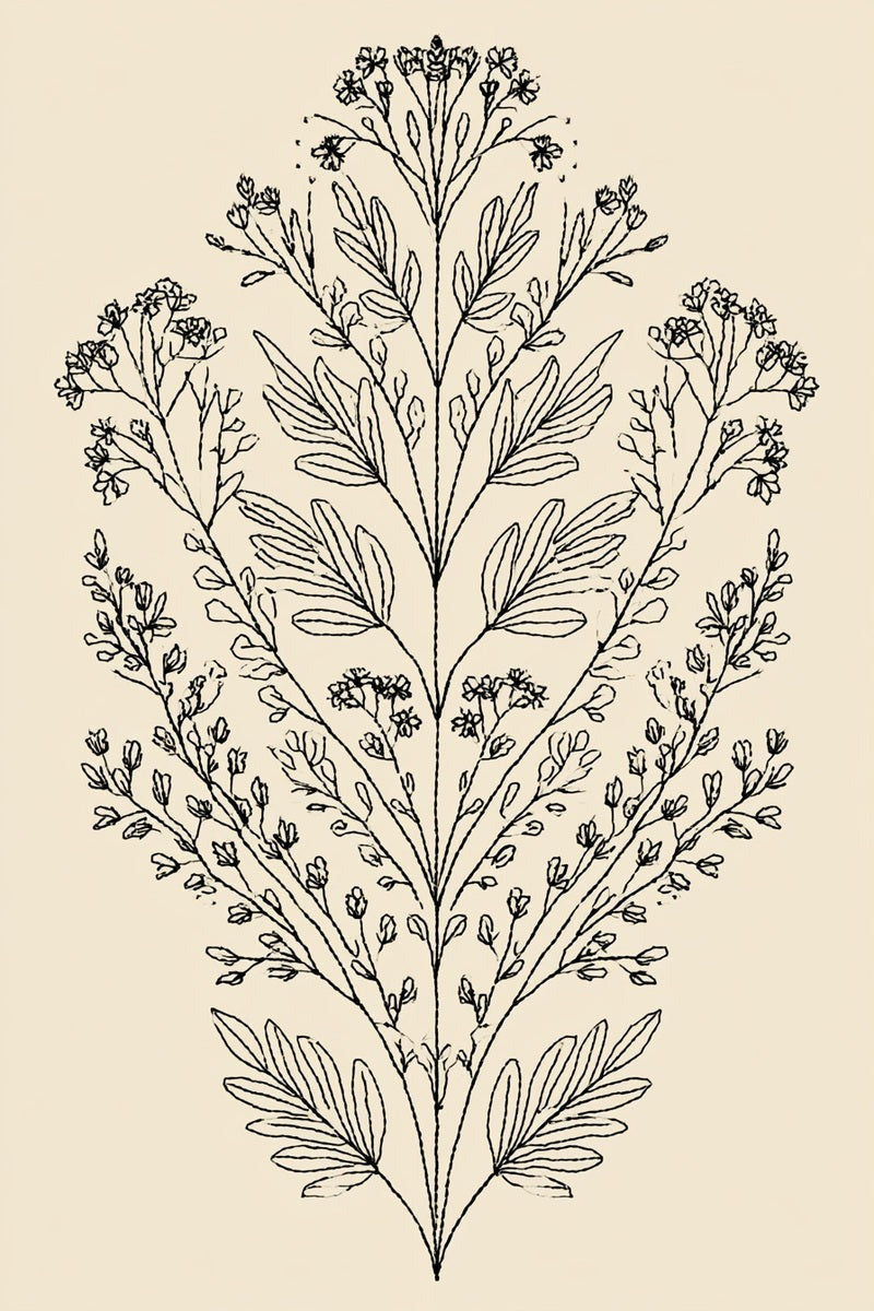 Symmetrical botanical drawing with branching stems and small flowers.