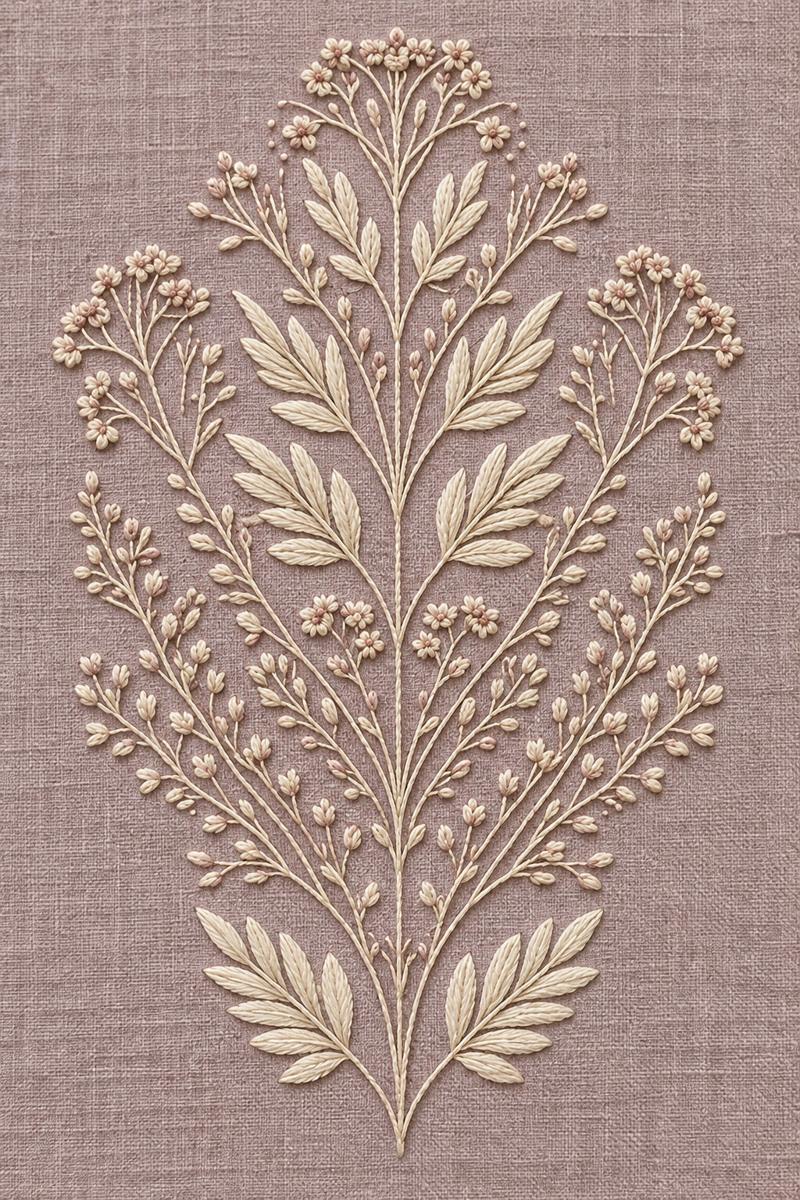 Digital embroidery visualization: symmetrical botanical cotton embroidery in warm ivory with small blossoms and narrow leaf clusters on dusty mauve linen.