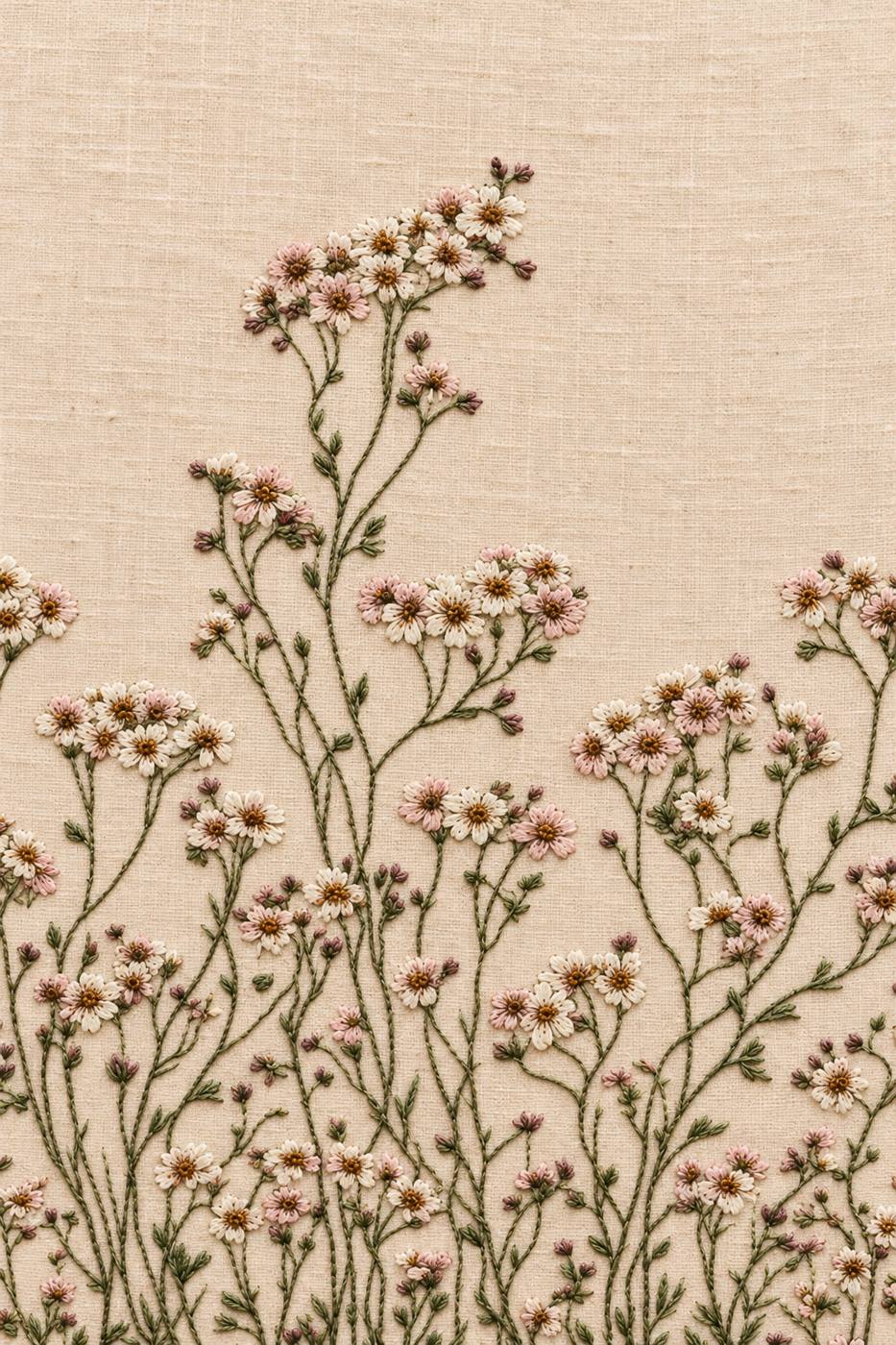 Digital embroidery visualization: delicate ivory and dusty pink wildflower border with fine olive stems embroidered on pale apricot oat linen.