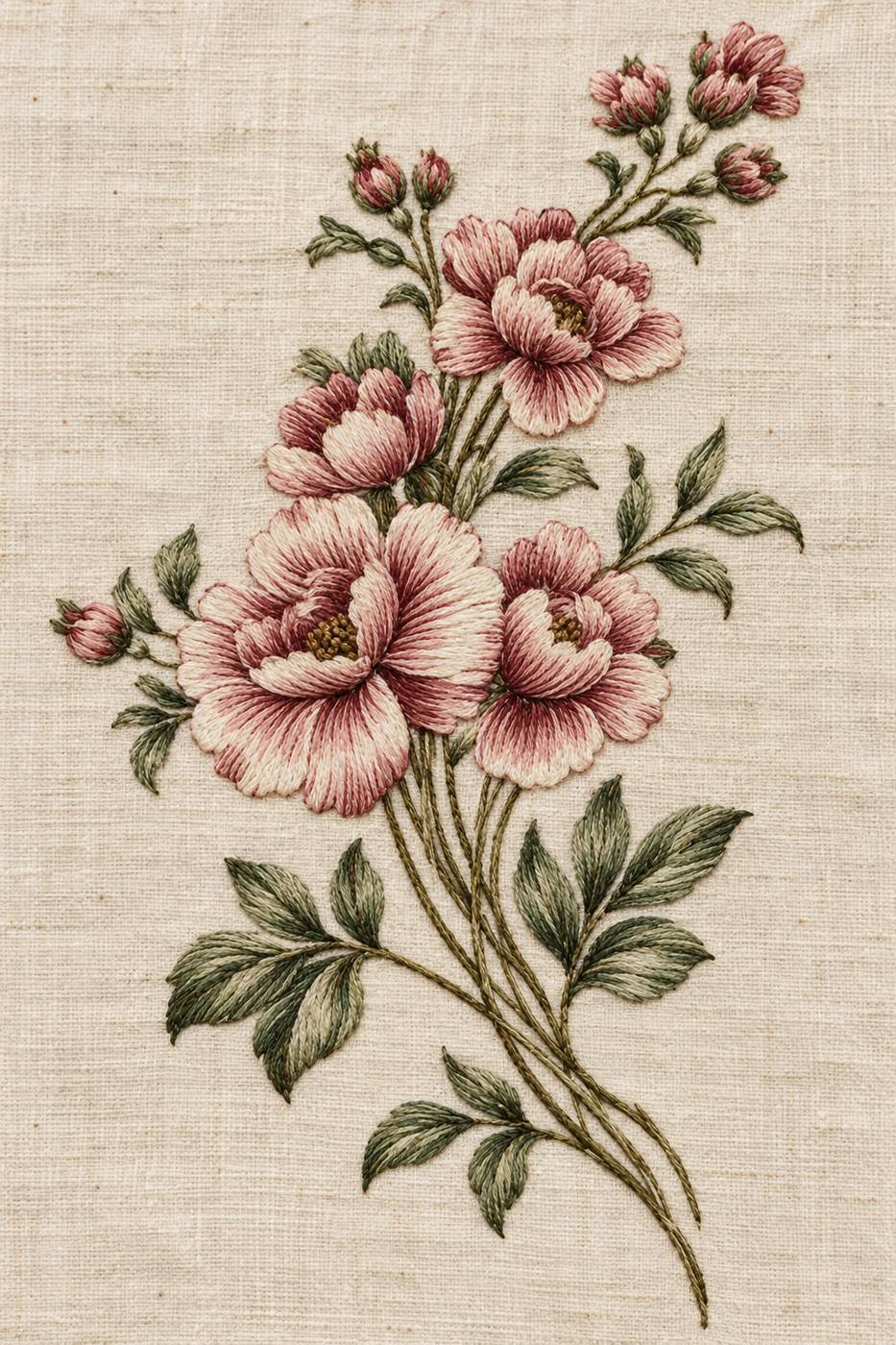 Digital embroidery visualization: vintage flowering branch embroidered with dusty rose and cream petals and sage olive leaves on warm ivory linen.