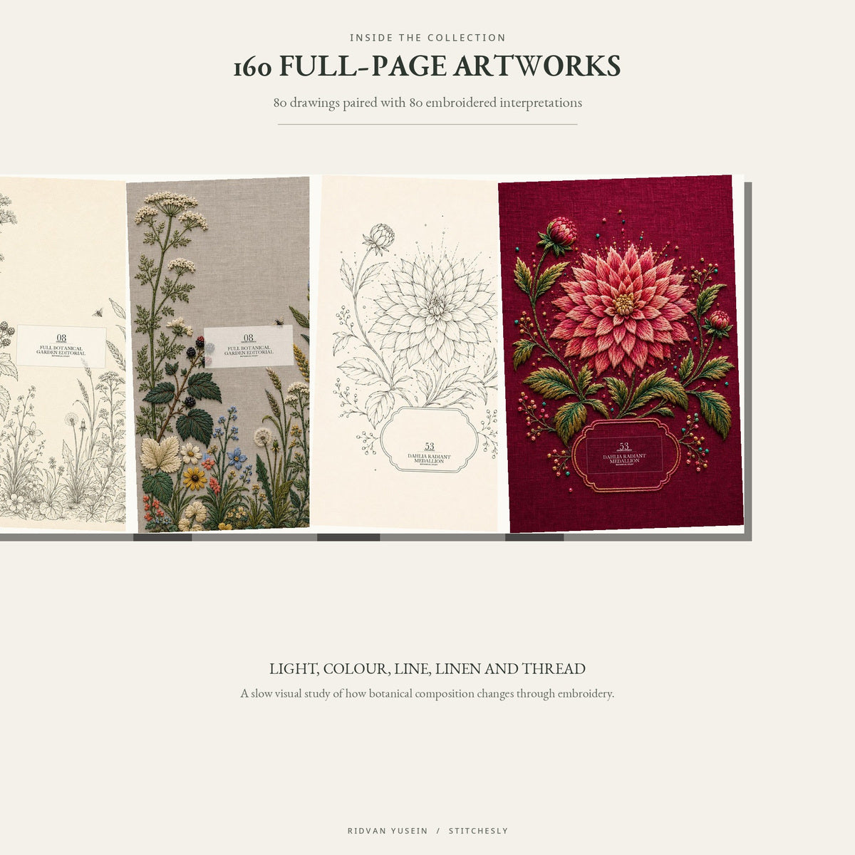 Four sample pages showing botanical drawings and embroidered textile studies in varied colours.