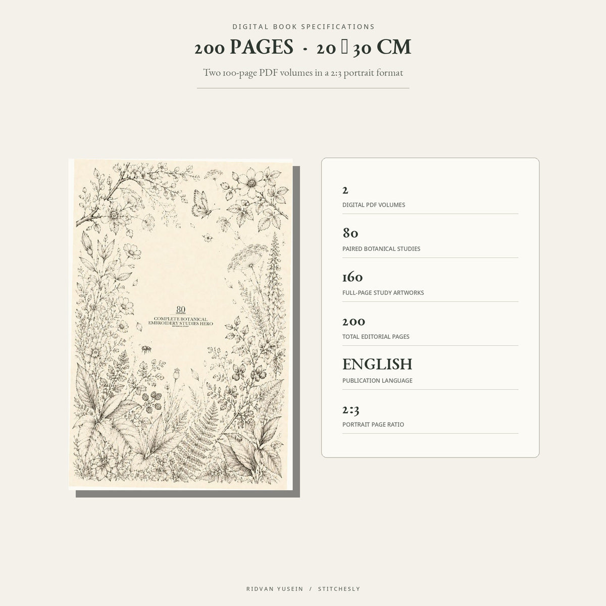 Digital book specifications showing two PDF volumes, 200 pages and 80 paired studies.