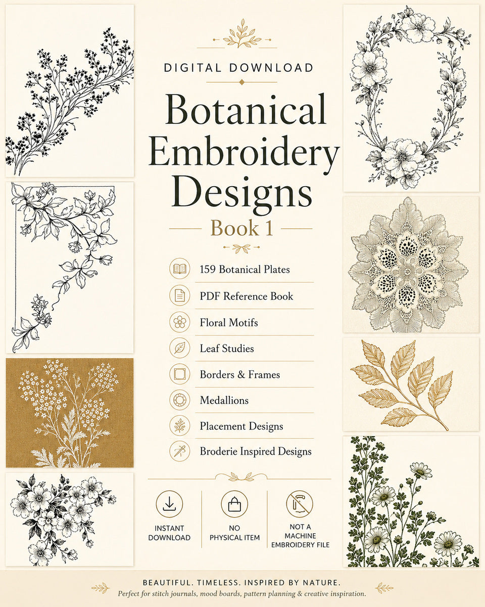 Botanical Embroidery Designs Digital from Botanical Embroidery Designs Book 1, a digital embroidery design reference for machine embroidery designs, embroidery patterns and botanical and floral embroidery.