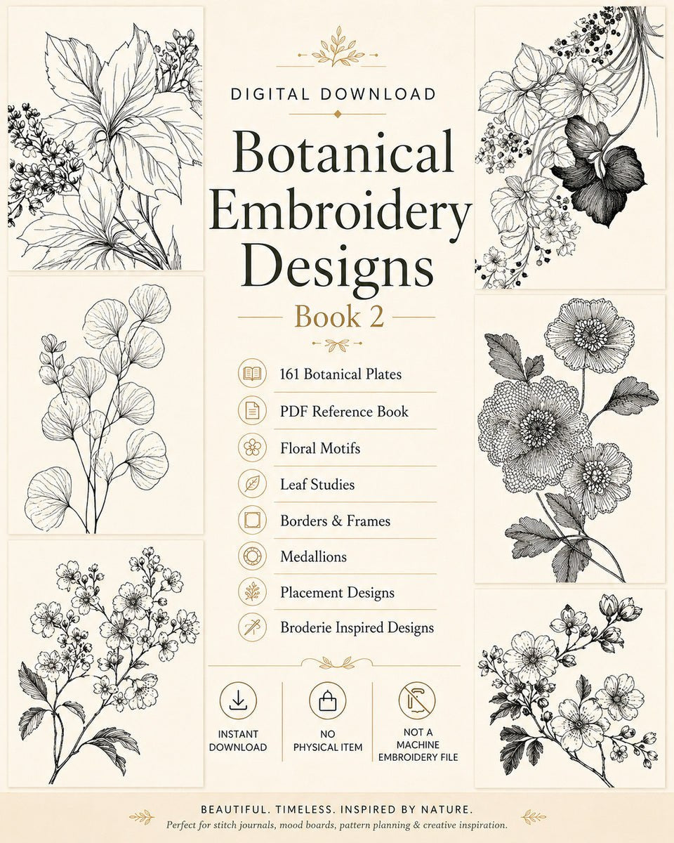 Digital download overview showing botanical drawings, borders and frames included in the PDF reference book.