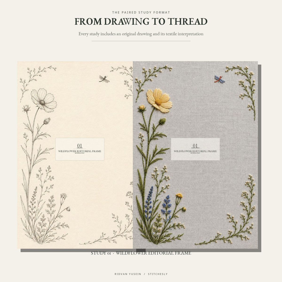 Original botanical line drawing paired with its colourful embroidered textile interpretation.