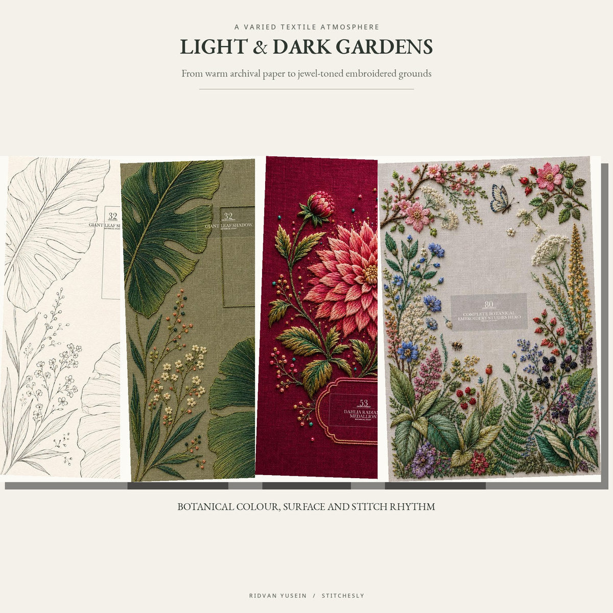 Light botanical drawing pages and dark embroidered garden pages with varied linen grounds.