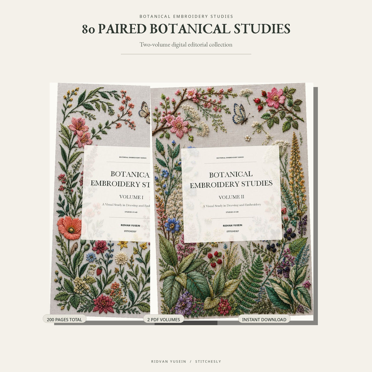 Botanical Embroidery Studies two-volume digital book covers with colourful embroidered garden artwork.