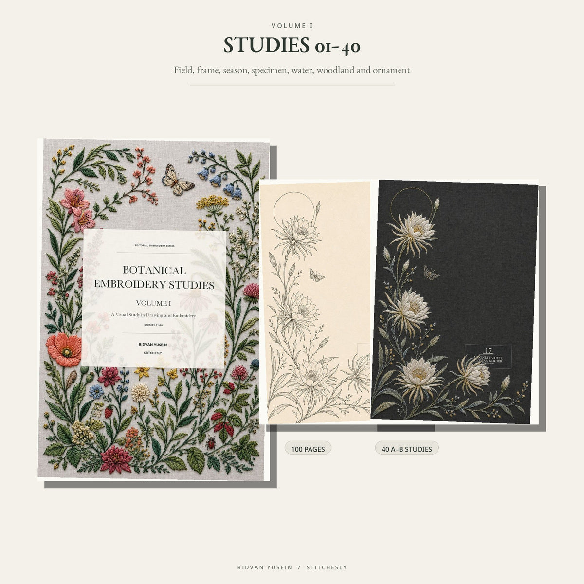 Botanical Embroidery Studies Volume I with sample drawing and embroidery pages from Studies 01 to 40.