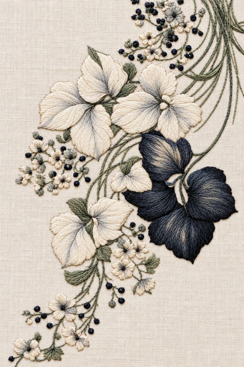 Digital embroidery visualization of ivory and blue-black flowers with fine green stems on pale linen.