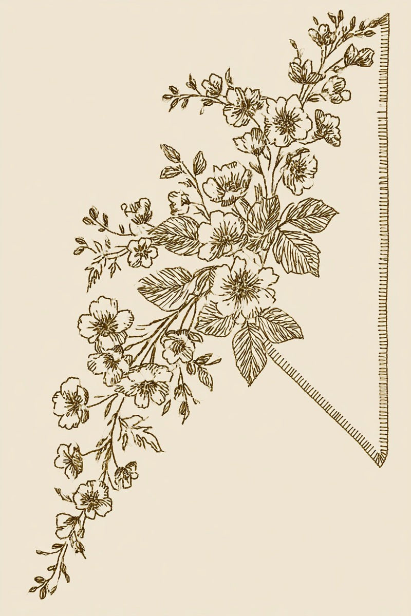 Original book drawing of floral napkin triangular corner.