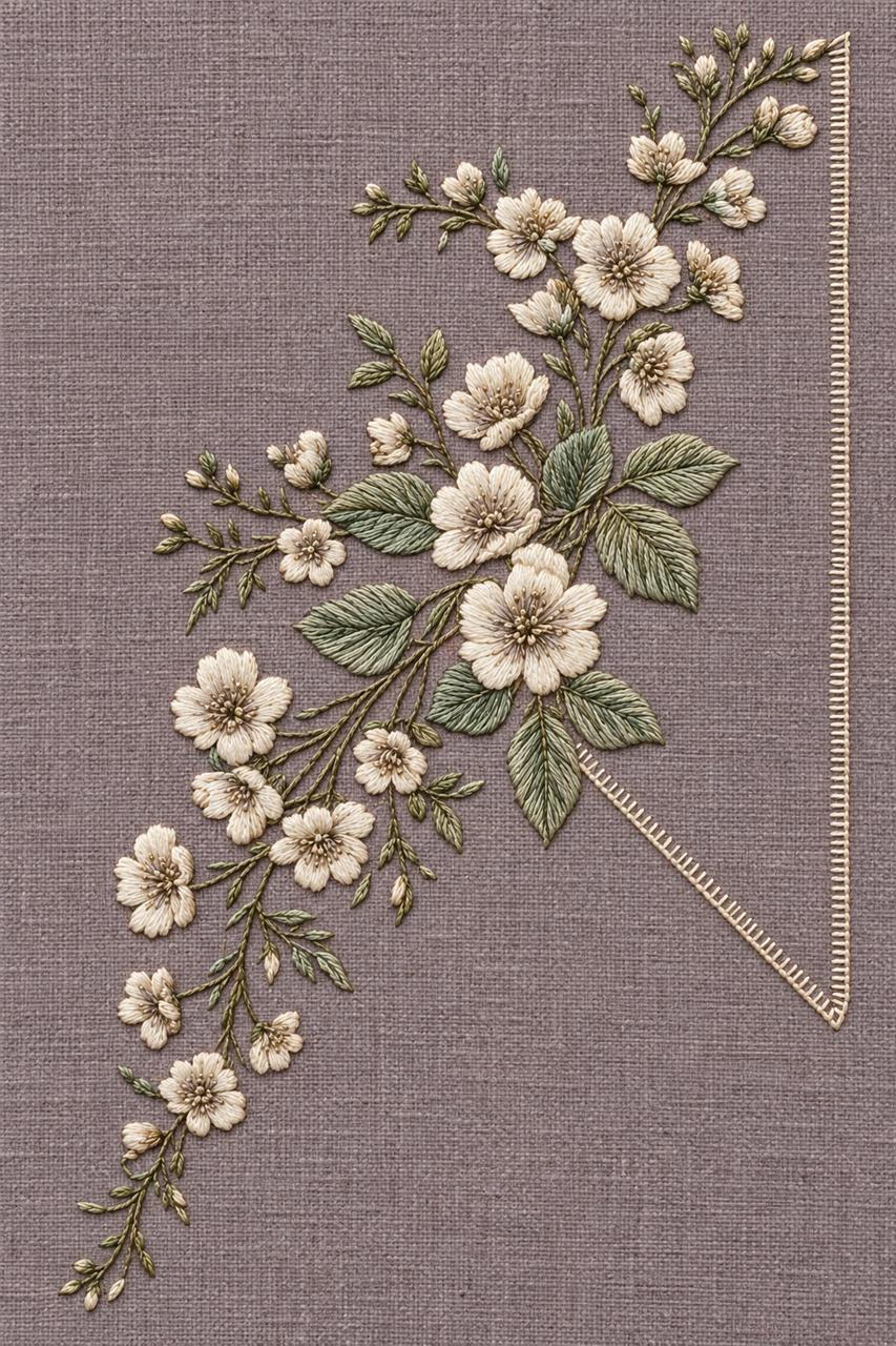 Digital embroidery visualization: ivory flowers and sage leaves beside a triangular stitched corner on smoky plum linen.