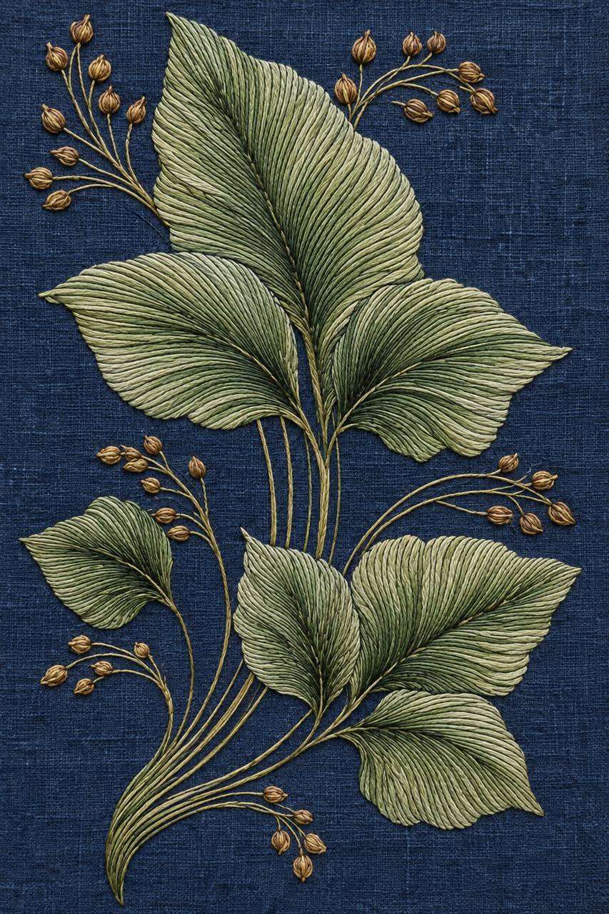 Digital embroidery visualization: greyed green leaves and tawny seedpods on indigo linen.