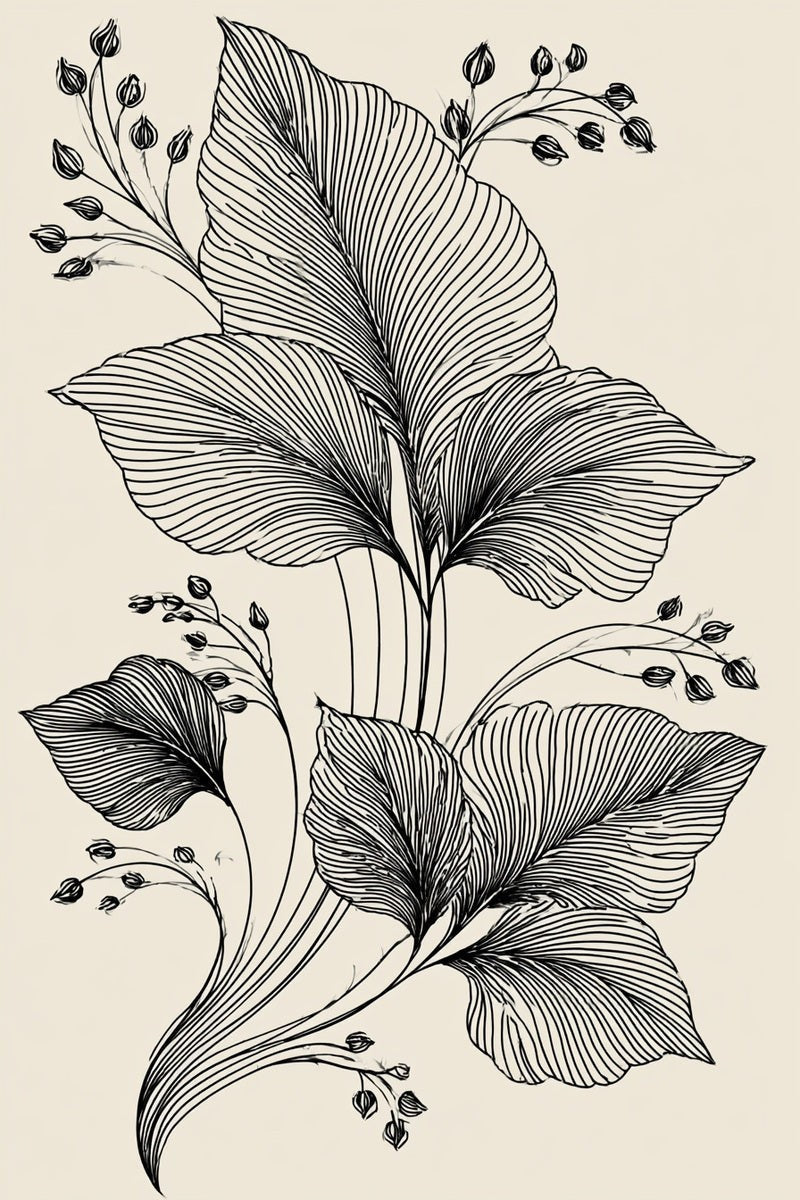 Original book drawing of flowing leaf seedpod spray.