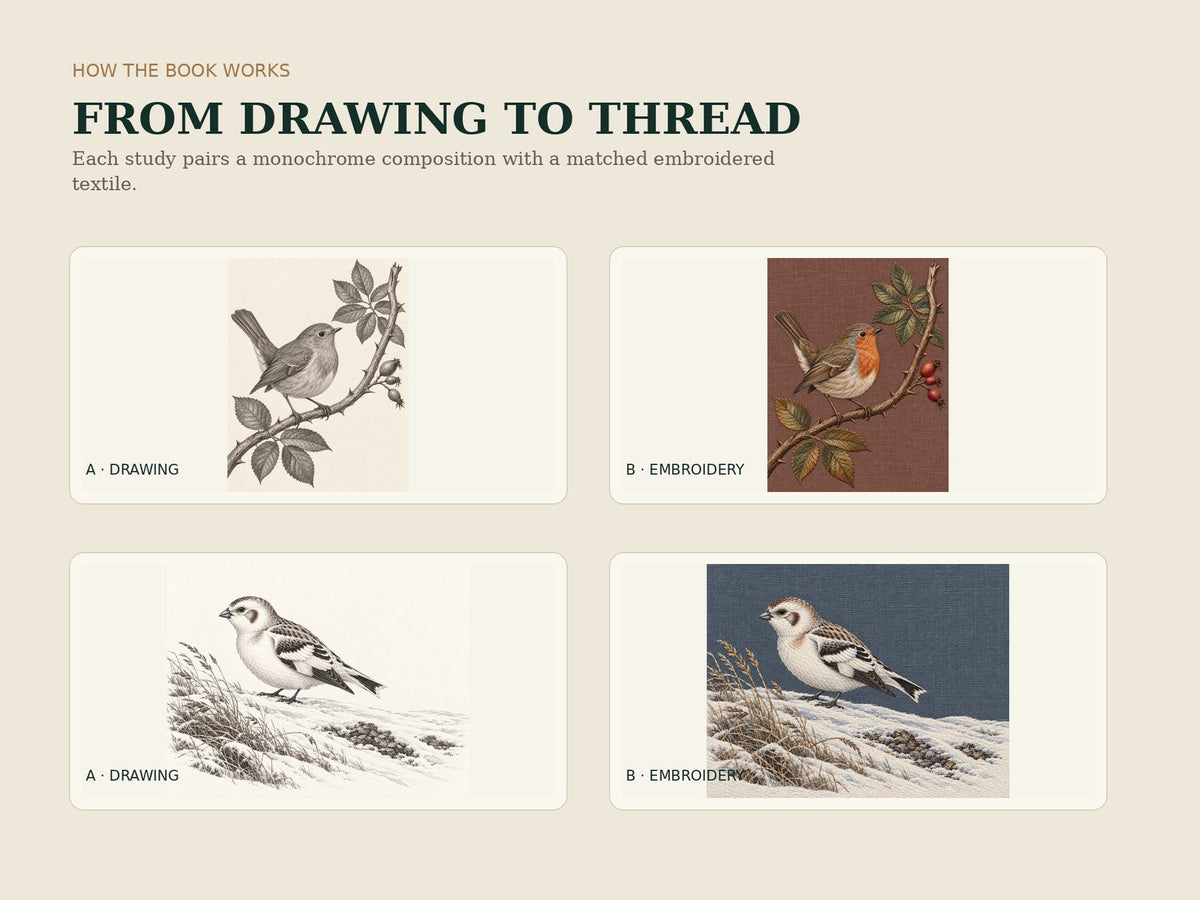 Two Botanical Forests study pairs showing monochrome bird drawings beside their matched hand-embroidered textile interpretations.