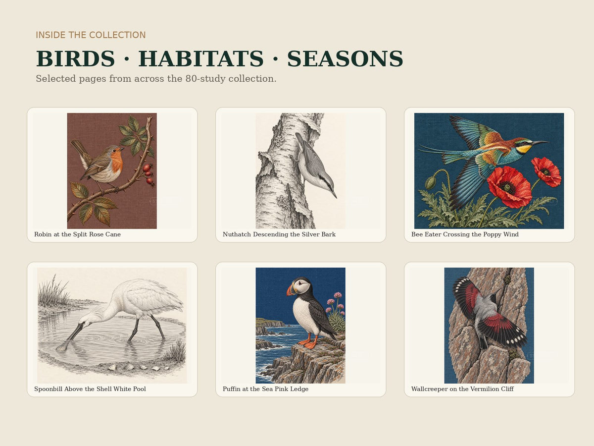 Selected Botanical Forests interior studies featuring birds and their habitats across drawing and embroidery pages.
