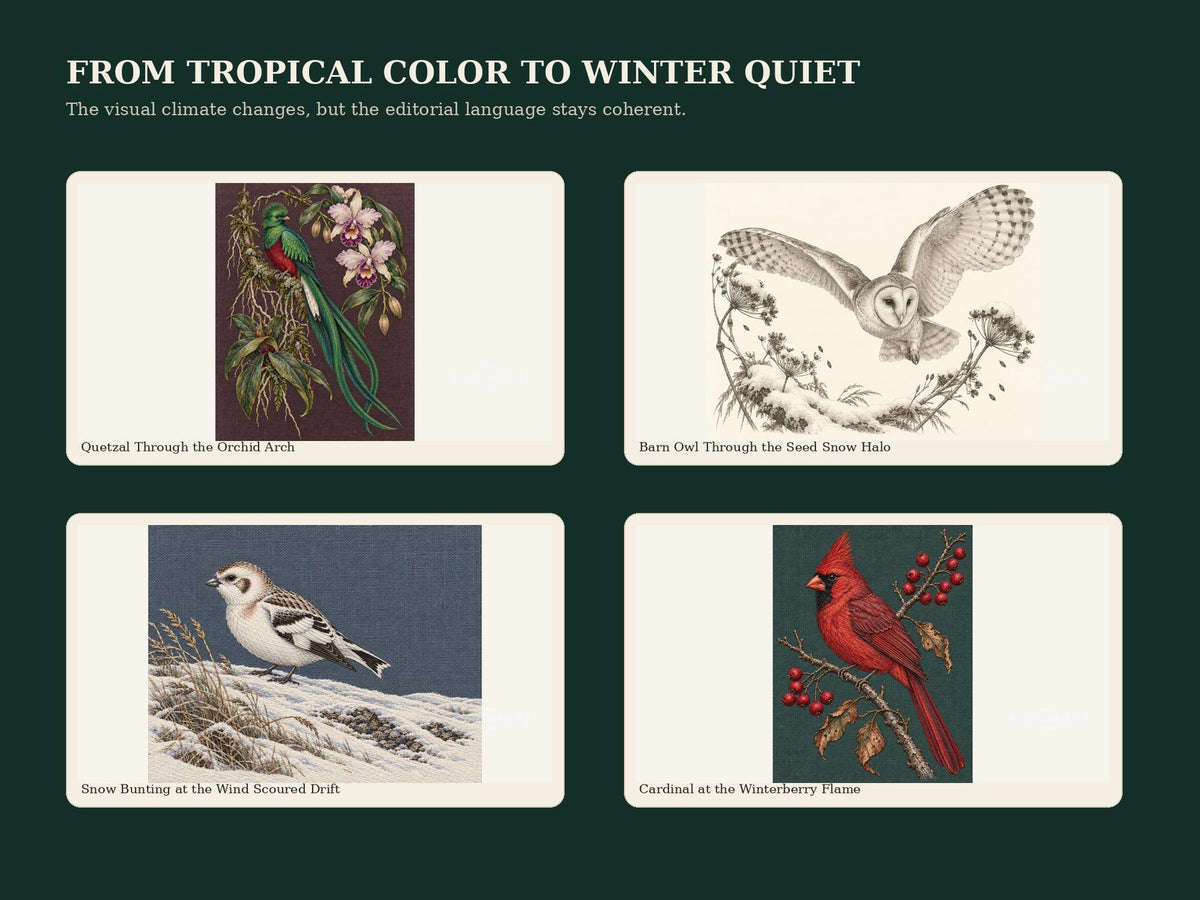 Botanical Forests preview pages moving from tropical bird embroidery to winter bird studies including Snow Bunting and Northern Cardinal.