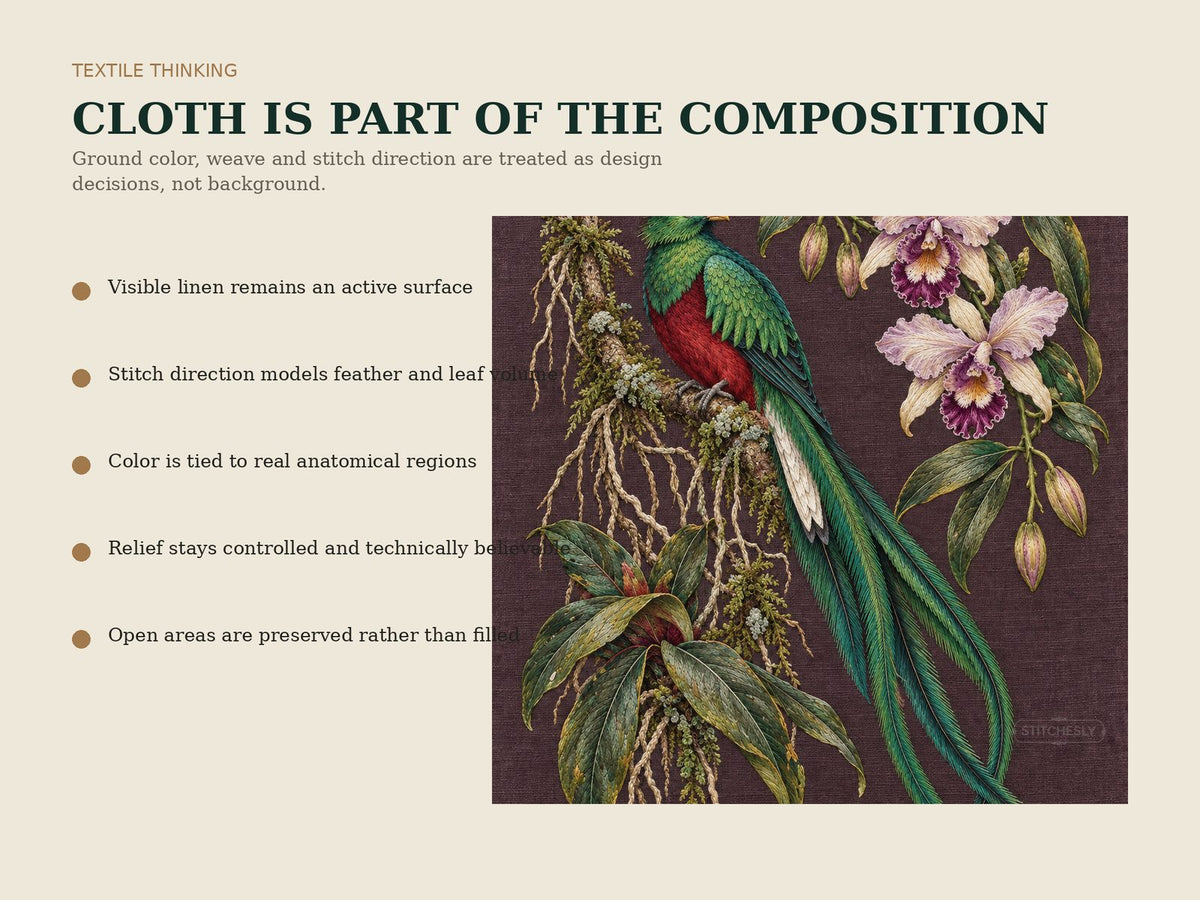 Close textile preview from Botanical Forests showing visible linen, directional stitches and controlled thread relief in a bird and orchid study.