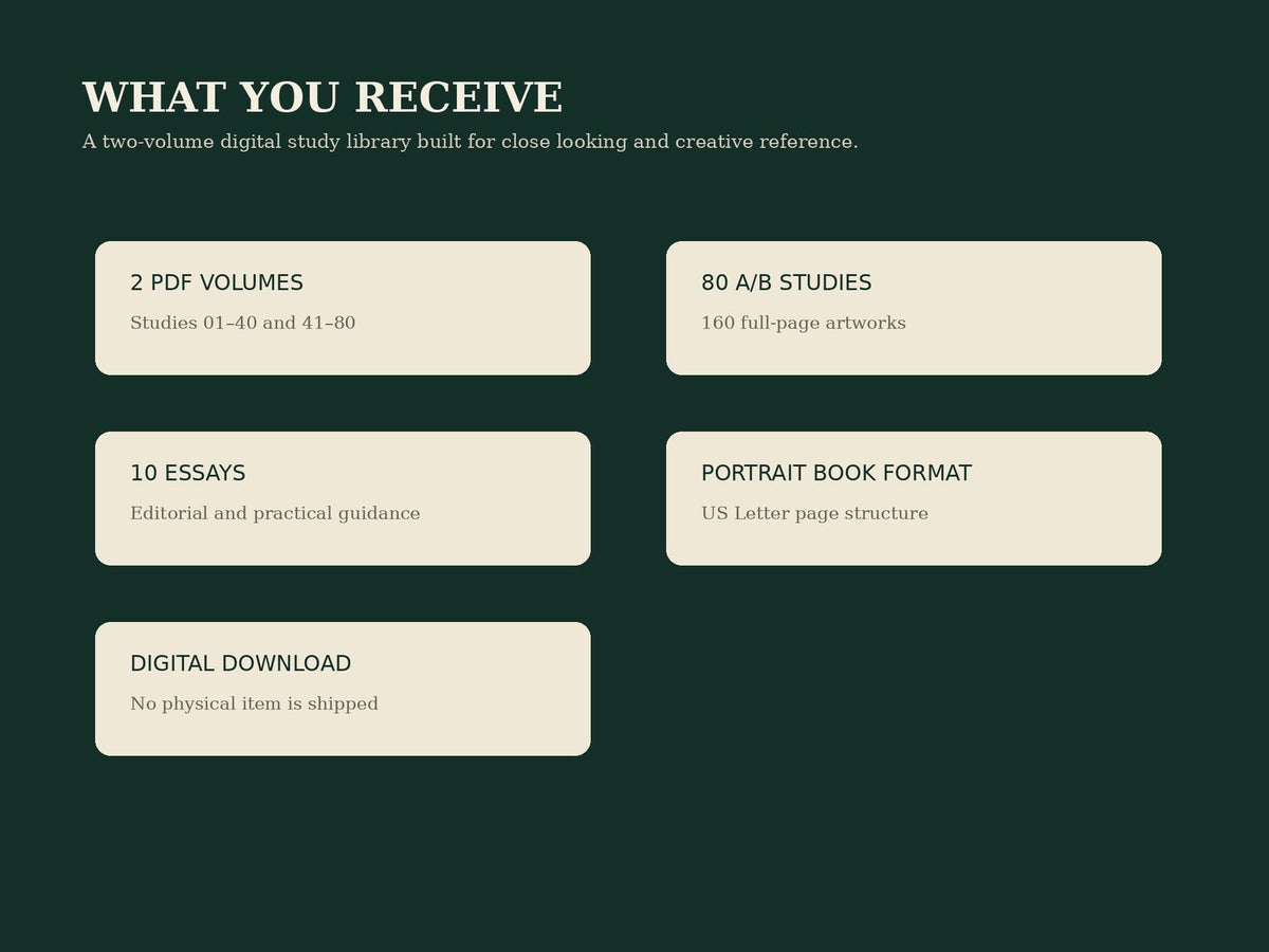 Botanical Forests digital download contents: two PDF volumes, 80 paired studies, 160 artworks and ten editorial essays.