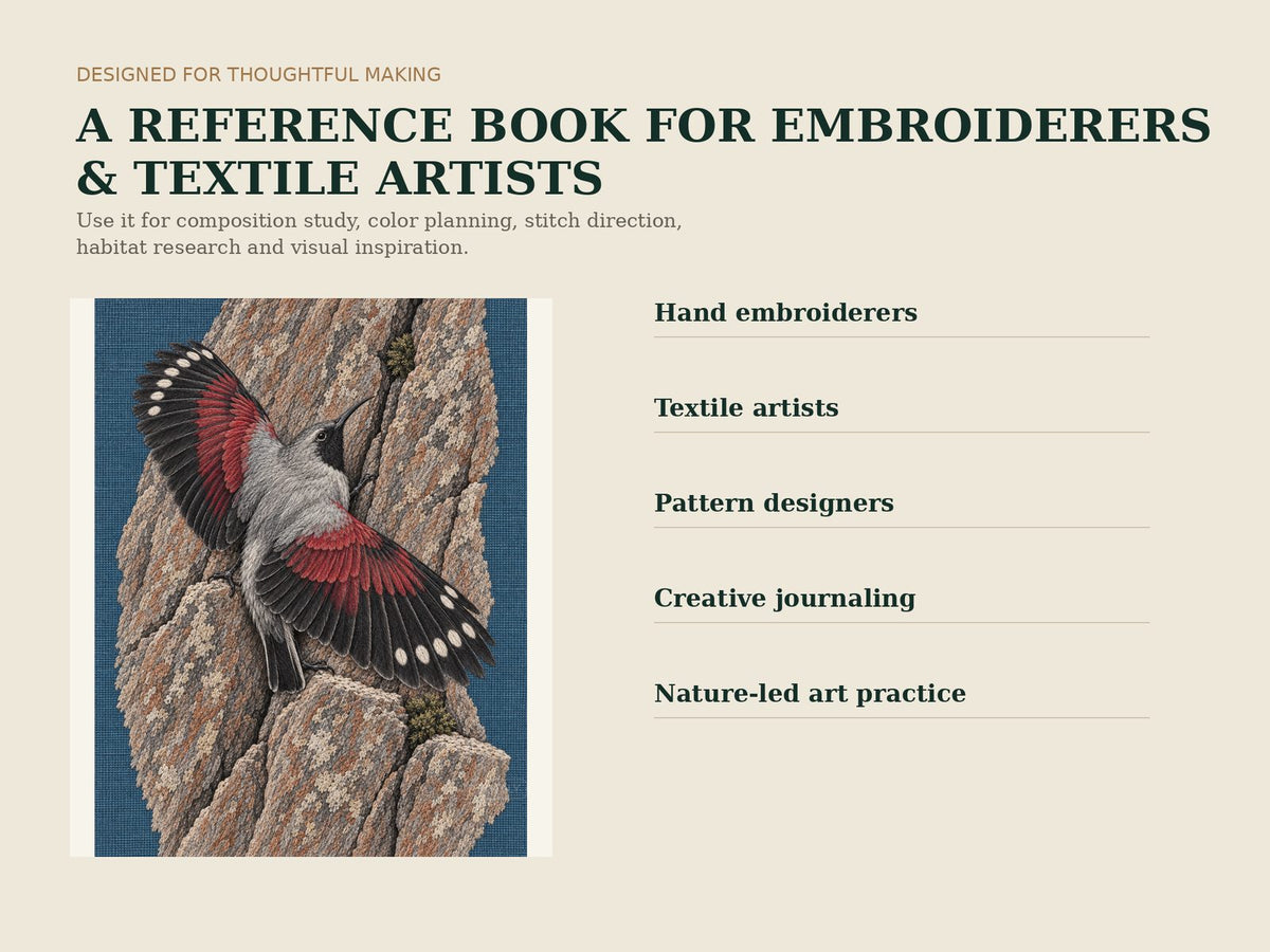 Botanical Forests digital bird embroidery study book for hand embroiderers, textile artists, pattern designers and nature-led creative practice.