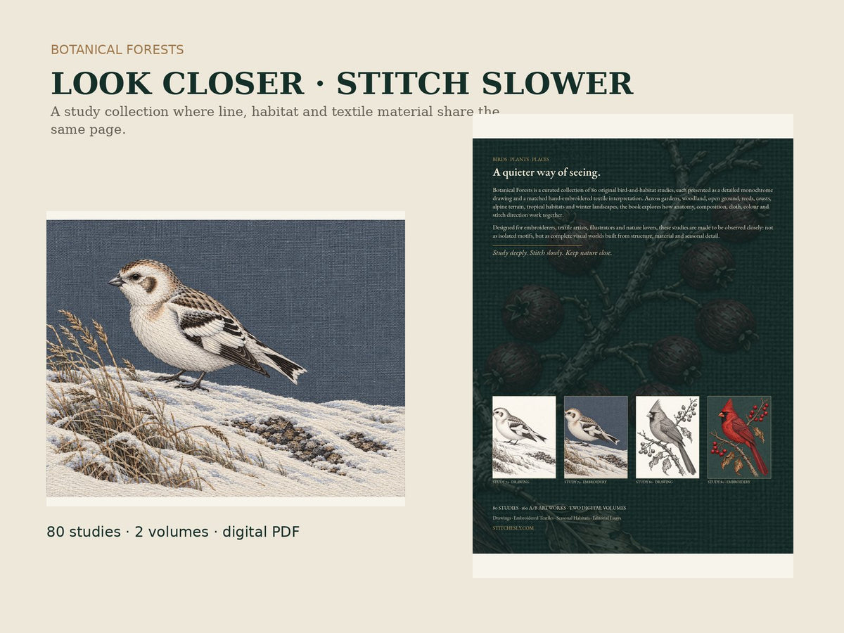 Botanical Forests closing product preview with back cover and Snow Bunting embroidered winter study from the two-volume digital collection.