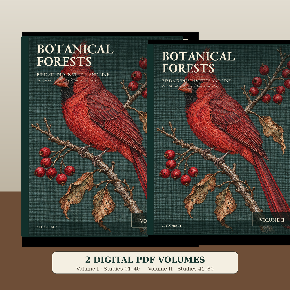 Botanical Forests Birds two-volume digital book set shown as Volume I and Volume II hardcover mockups using the original master cover artwork.