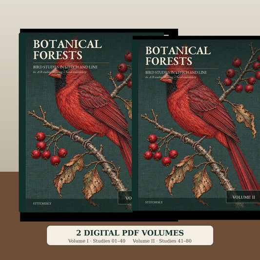 Botanical Forests Birds two-volume digital book set shown as Volume I and Volume II hardcover mockups using the original master cover artwork.