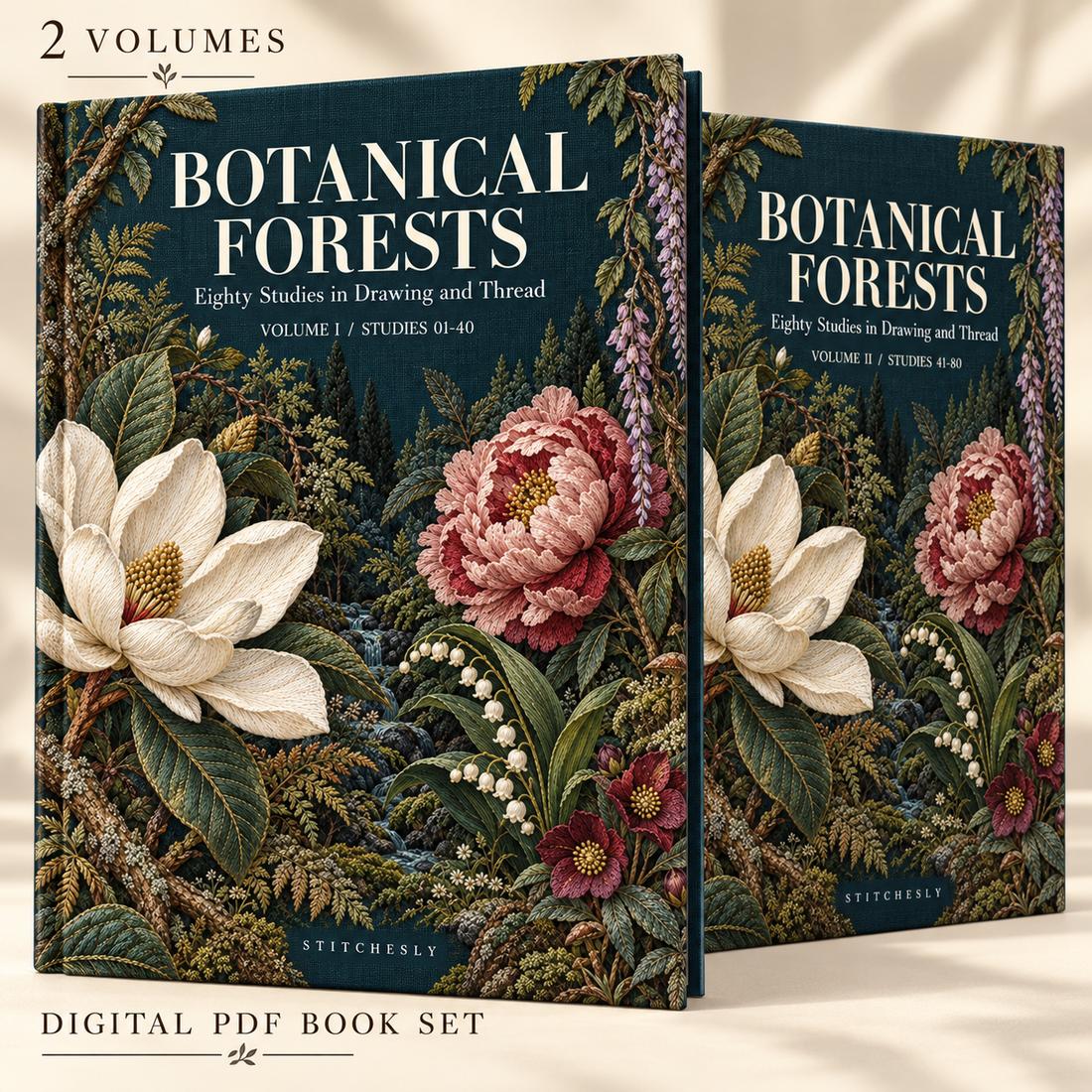 Two large Botanical Forests book covers with embroidered magnolia and peony artwork, shown as the Volume I and Volume II digital PDF set.