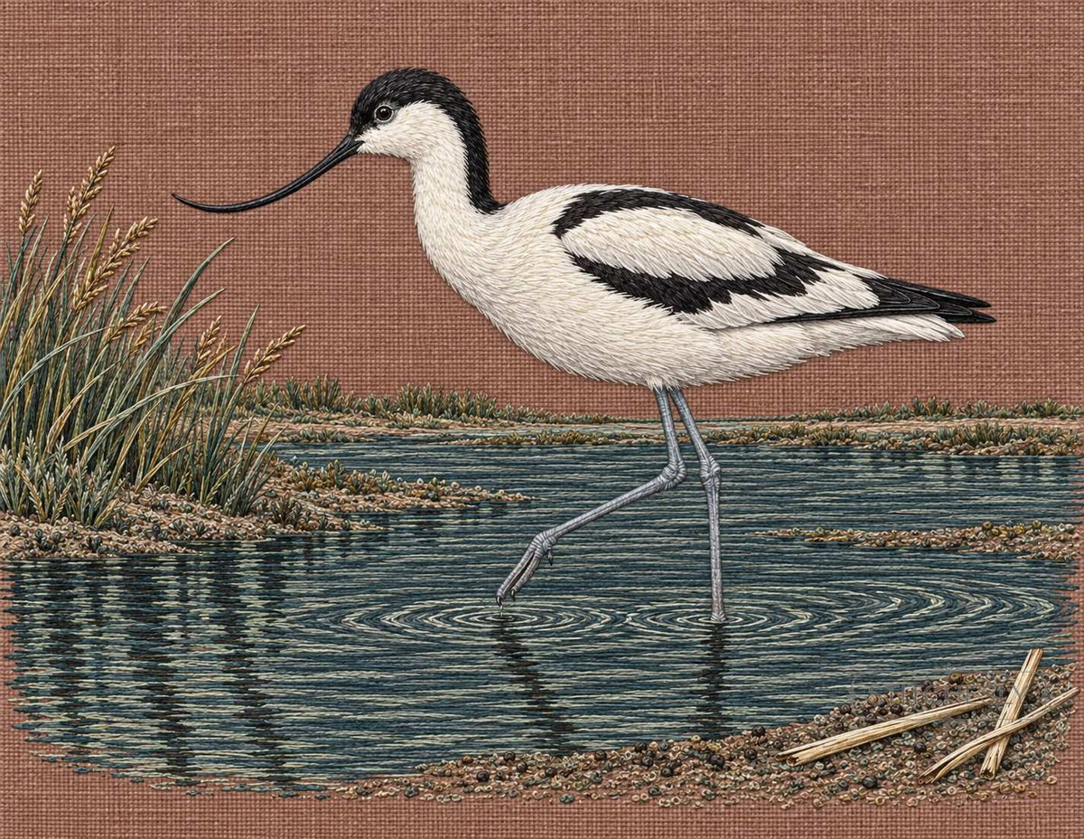 Embroidered avocet in a wetland composition, interior study from Botanical Forests.