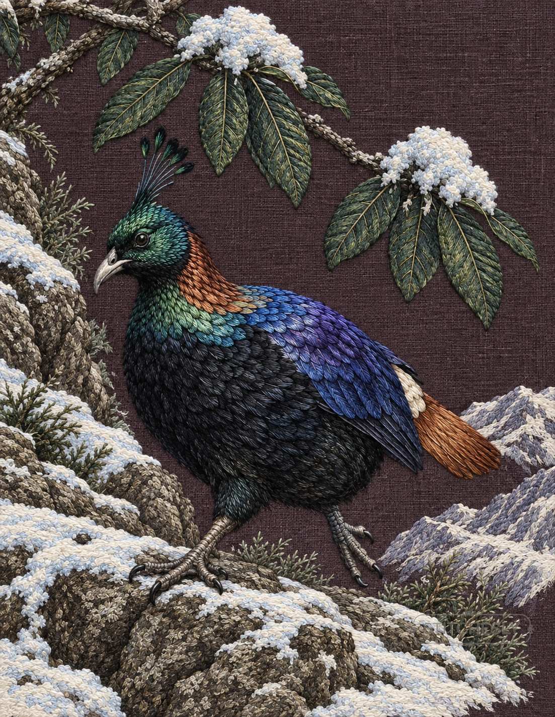 Embroidered Himalayan monal in a snowy habitat, interior study from Botanical Forests.