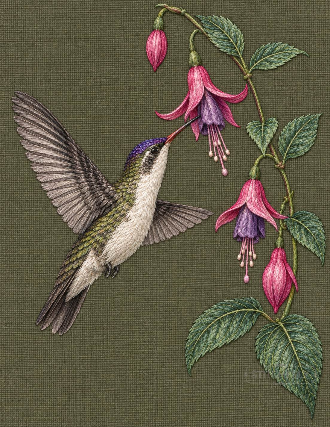 Embroidered hummingbird beside fuchsia flowers, interior study from Botanical Forests.