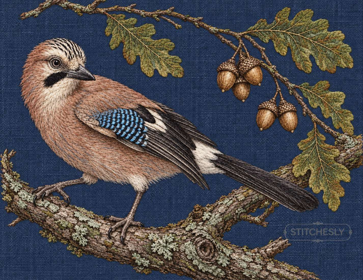 Embroidered jay on an oak branch over indigo linen, interior study from Botanical Forests.