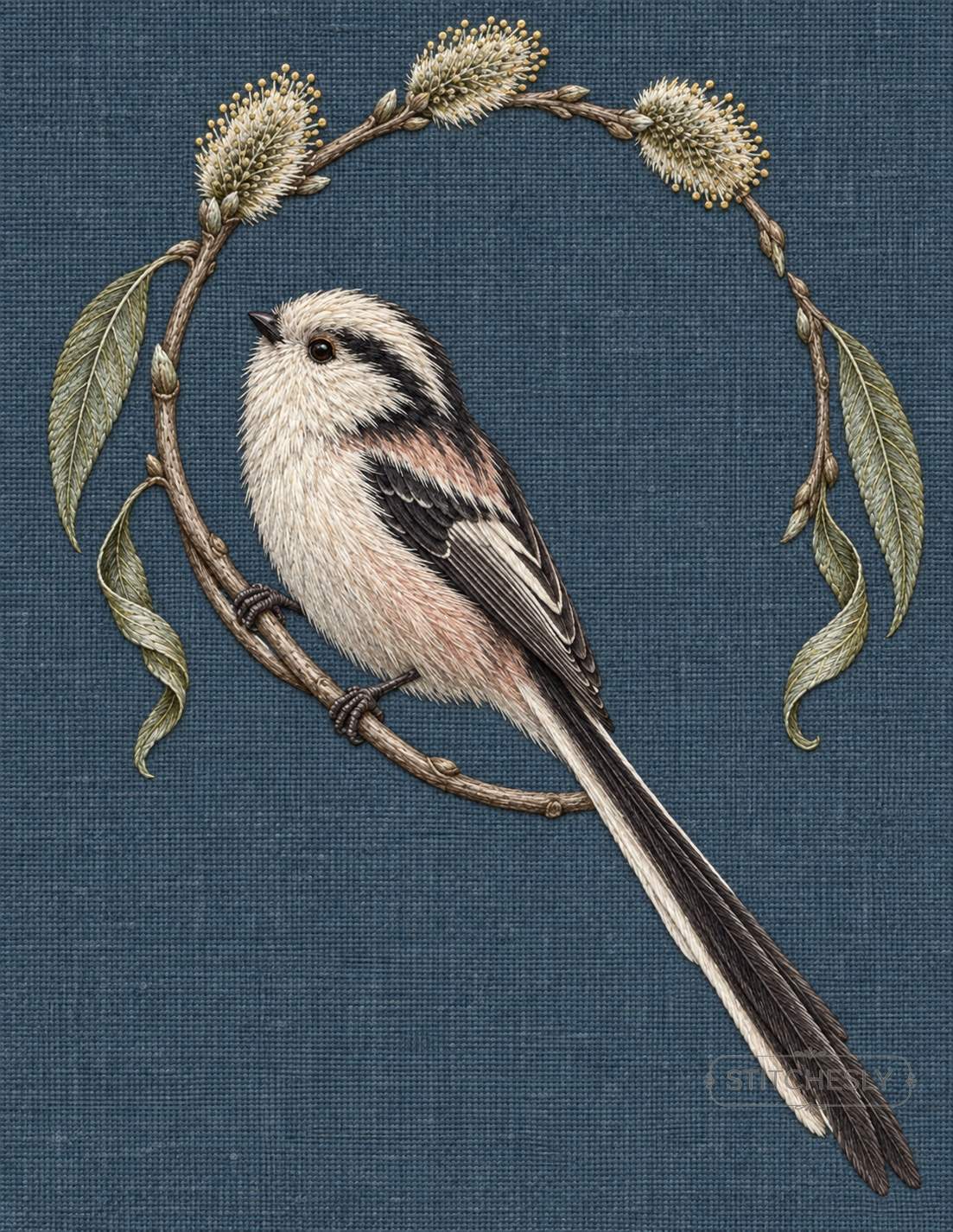 Embroidered long-tailed tit with willow branch, interior study from Botanical Forests.