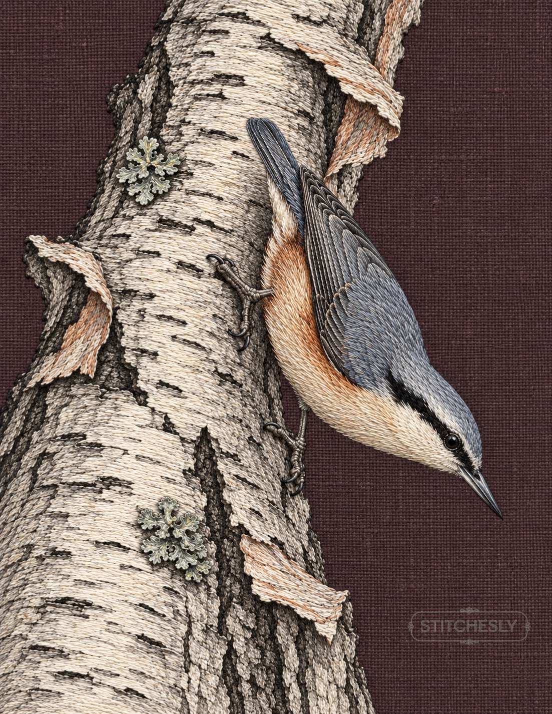 Embroidered nuthatch descending birch bark, interior study from Botanical Forests.