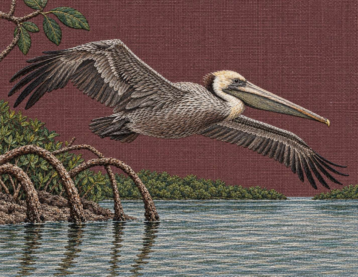 Embroidered pelican in a mangrove habitat, interior study from Botanical Forests.