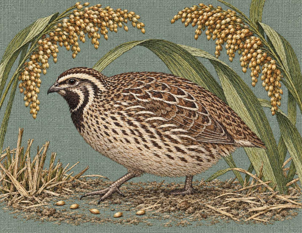 Embroidered quail with millet on linen, interior study from Botanical Forests.
